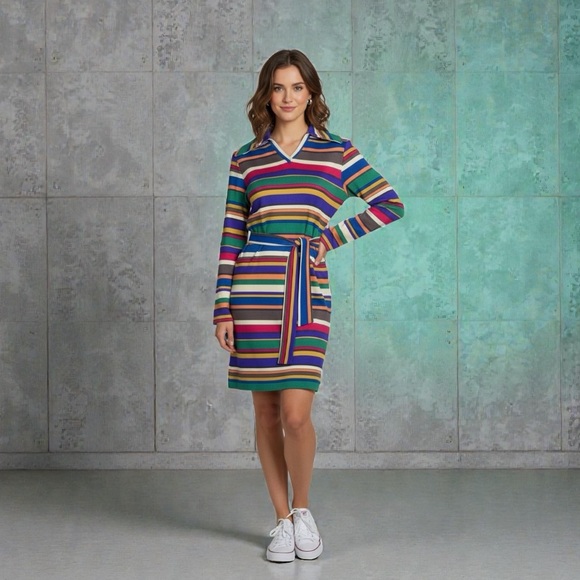 Sunny South Fashions of Dallas Striped Silk Knit Dress Vintage 1970s Rainbow - Picture 2 of 12